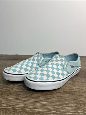 Vans Classic Checkerboard Slip-On Sneakers Light Blue & White Women’s 7.5